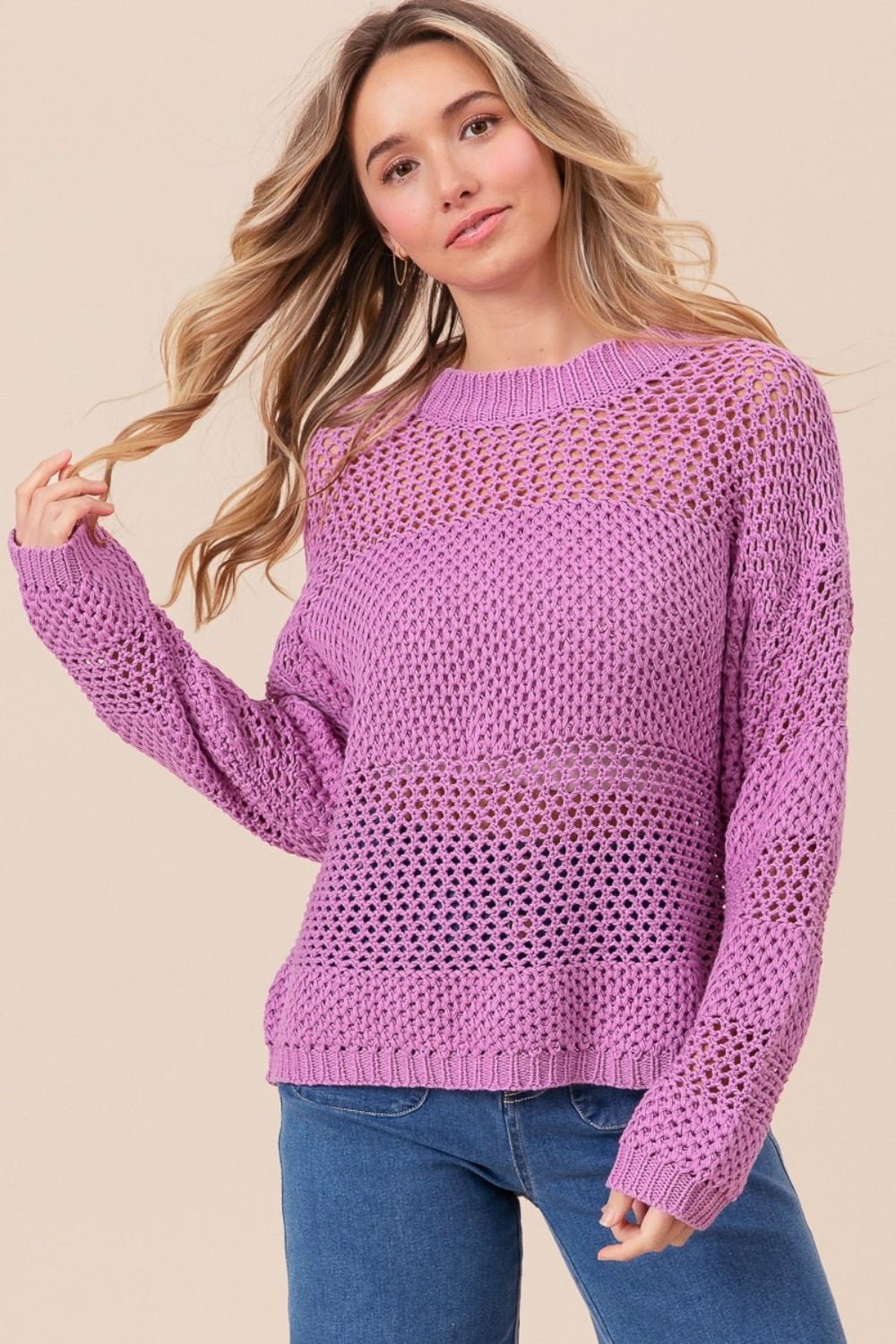 BiBi Openwork Long Sleeve Knit Top - Knit Top - Berry - Bella Bourget