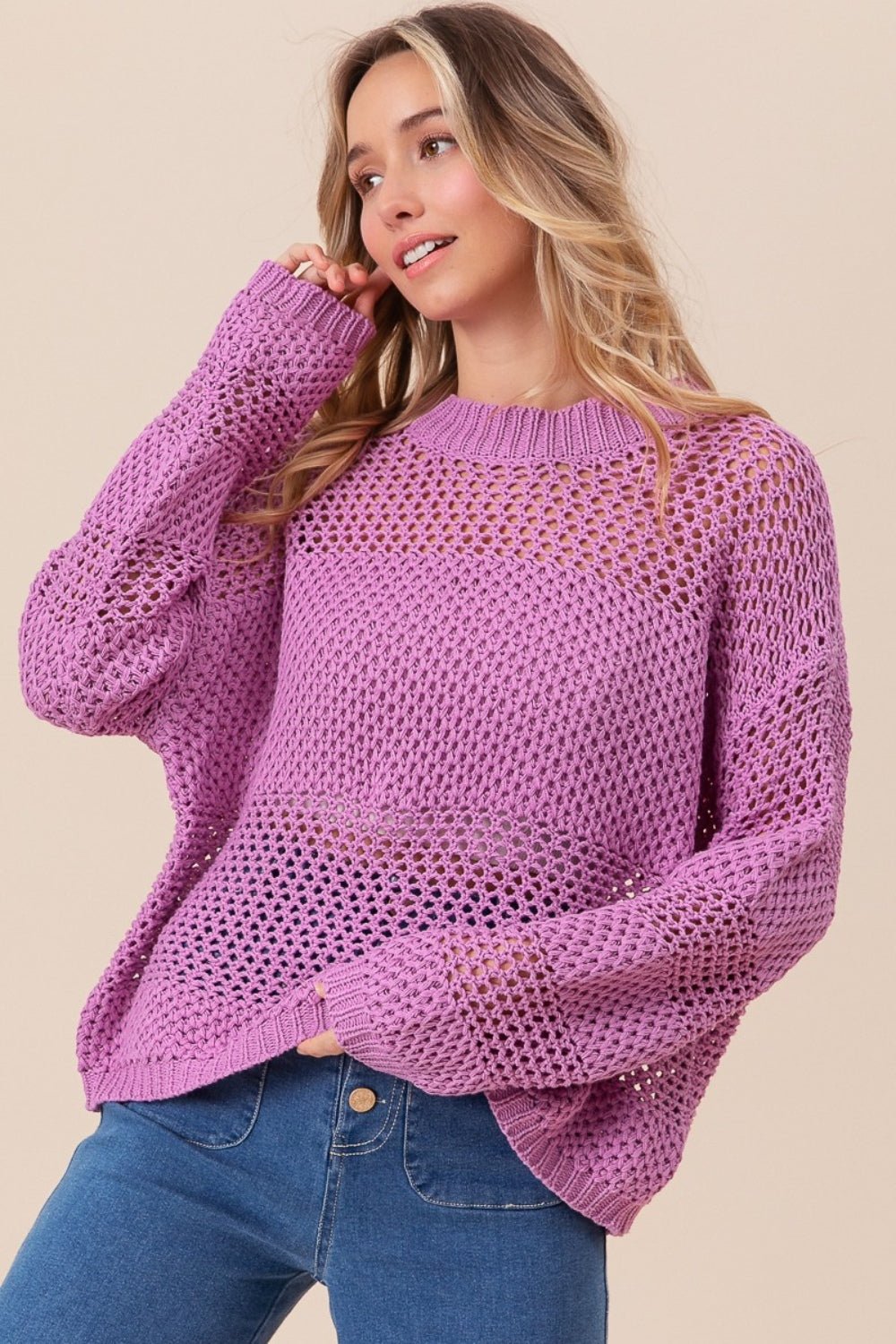 BiBi Openwork Long Sleeve Knit Top - Knit Top - Berry - Bella Bourget