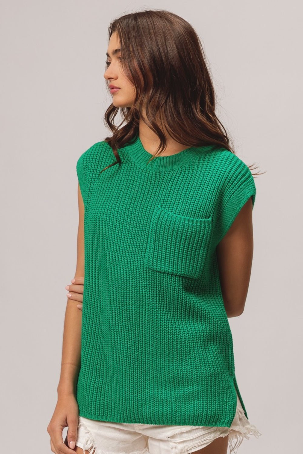 BiBi Patch Pocket Cap Sleeve Sweater Top - Sweater - Jade - Bella Bourget