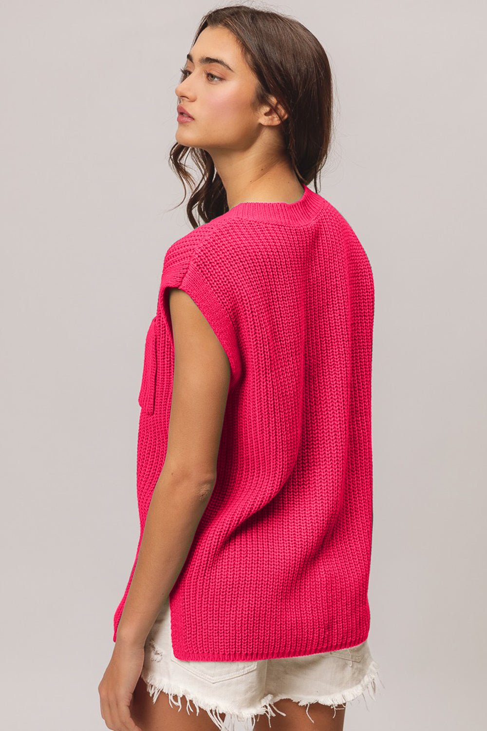 BiBi Patch Pocket Cap Sleeve Sweater Top - Sweater - Fuchsia - Bella Bourget