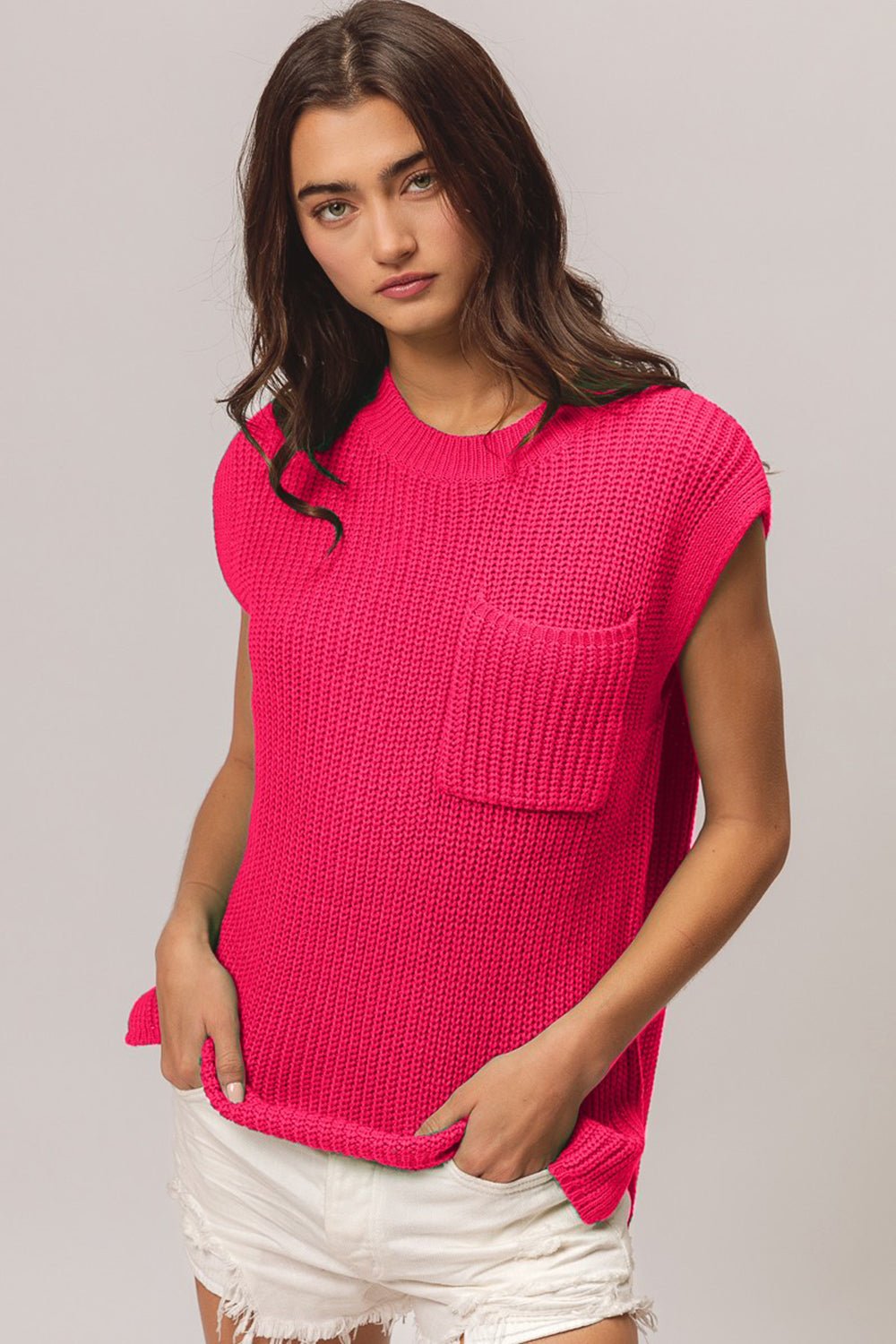 BiBi Patch Pocket Cap Sleeve Sweater Top - Sweater - Fuchsia - Bella Bourget