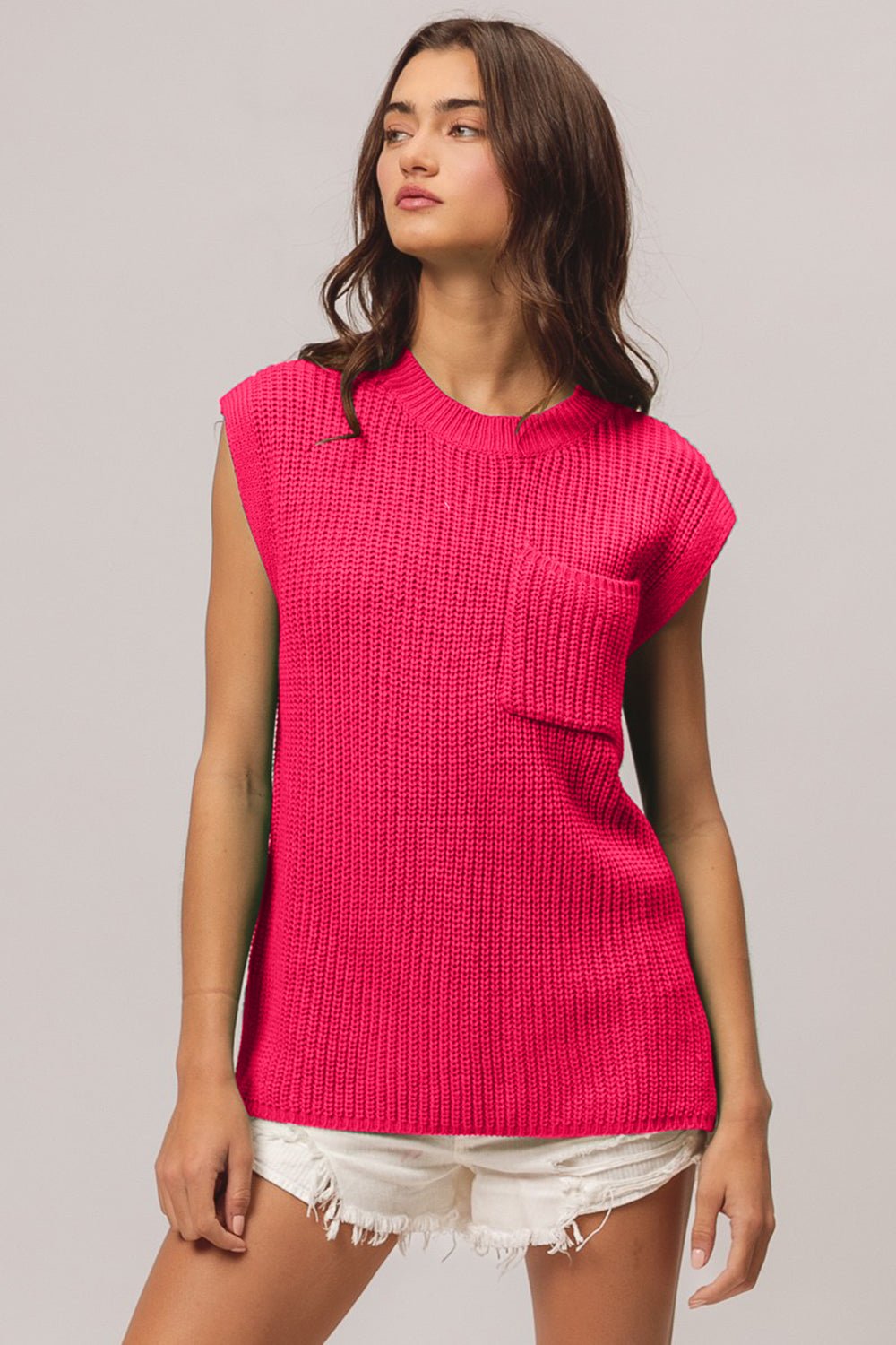 BiBi Patch Pocket Cap Sleeve Sweater Top - Sweater - Fuchsia - Bella Bourget