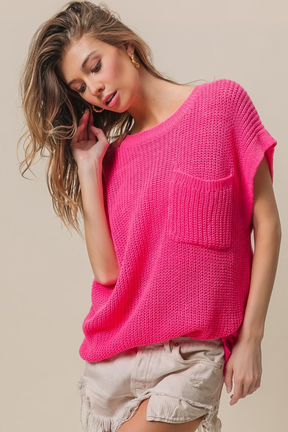 BiBi Patch Pocket Short Sleeve Sweater - Sweater - Fuchsia - Bella Bourget