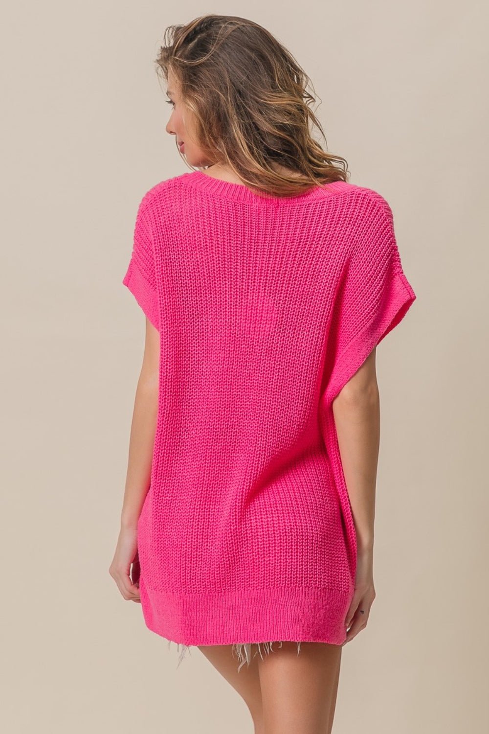 BiBi Patch Pocket Short Sleeve Sweater - Sweater - Fuchsia - Bella Bourget