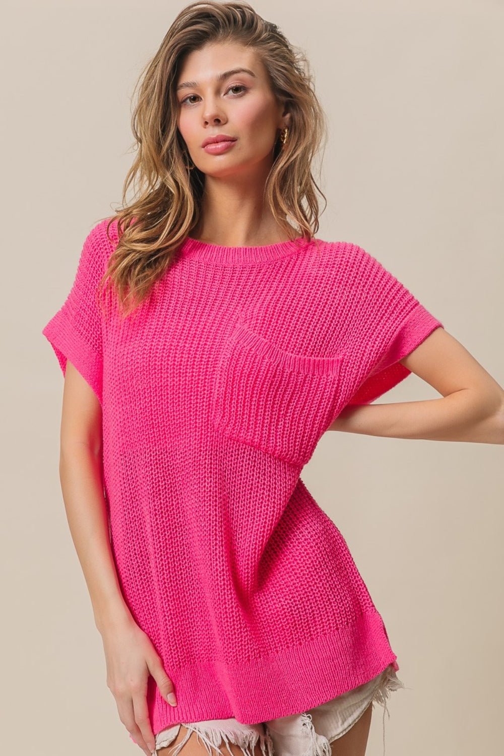 BiBi Patch Pocket Short Sleeve Sweater - Sweater - Fuchsia - Bella Bourget