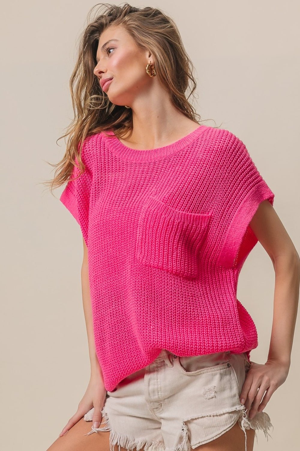 BiBi Patch Pocket Short Sleeve Sweater - Sweater - Fuchsia - Bella Bourget