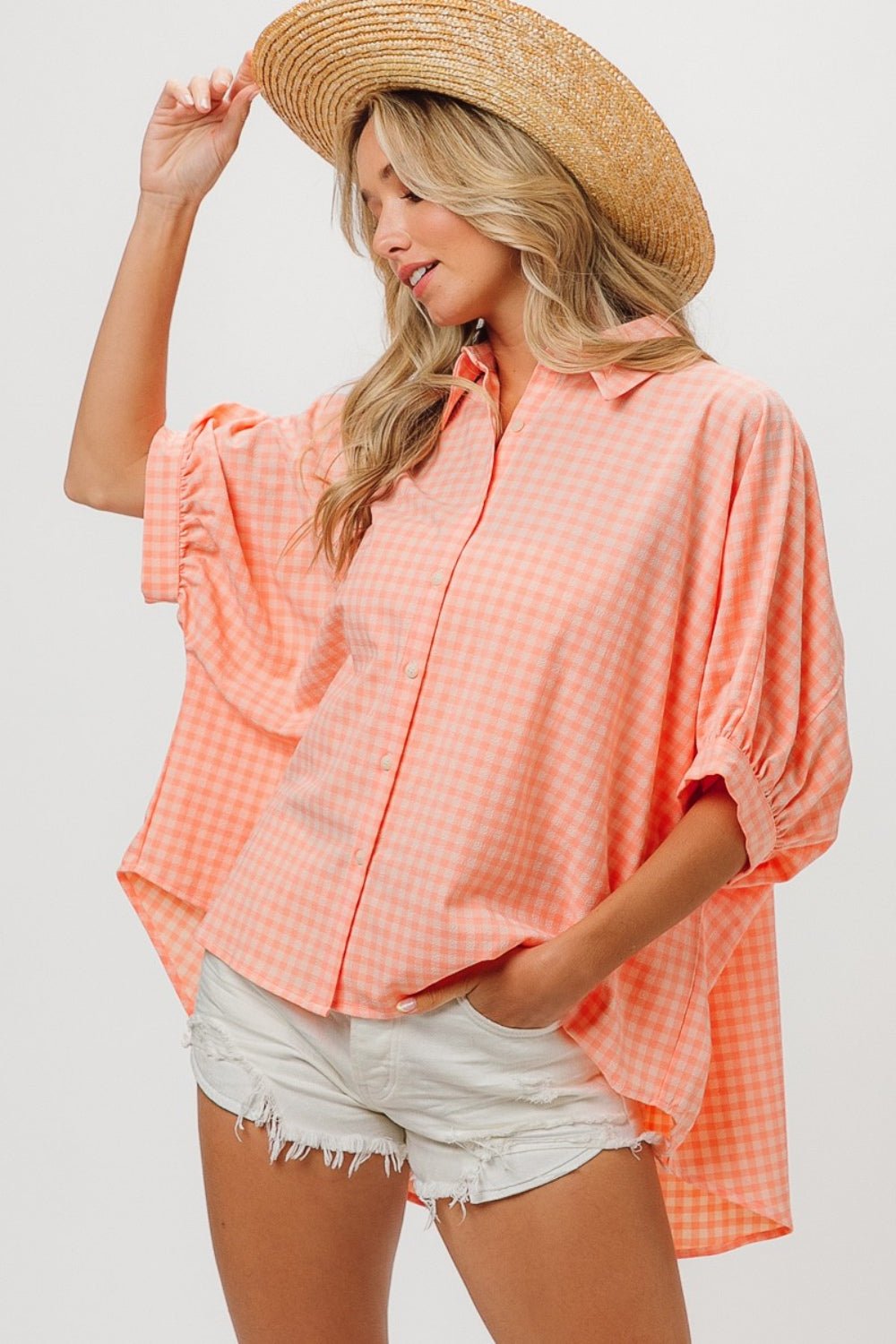 BiBi Plaid Button Up Dolman Sleeve Shirt - Top - Blush/Lt Coral - Bella Bourget