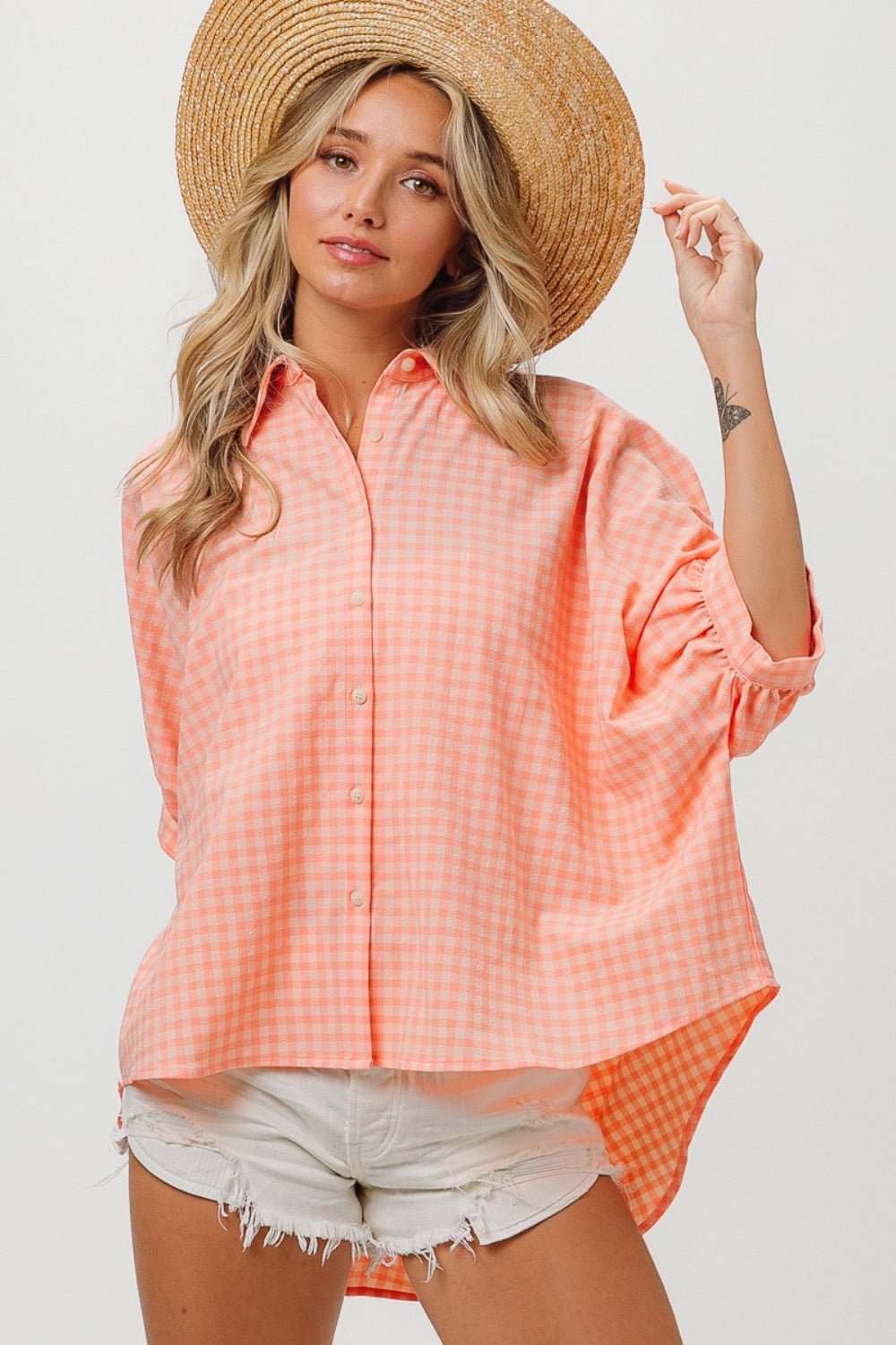 BiBi Plaid Button Up Dolman Sleeve Shirt - Top - Blush/Lt Coral - Bella Bourget