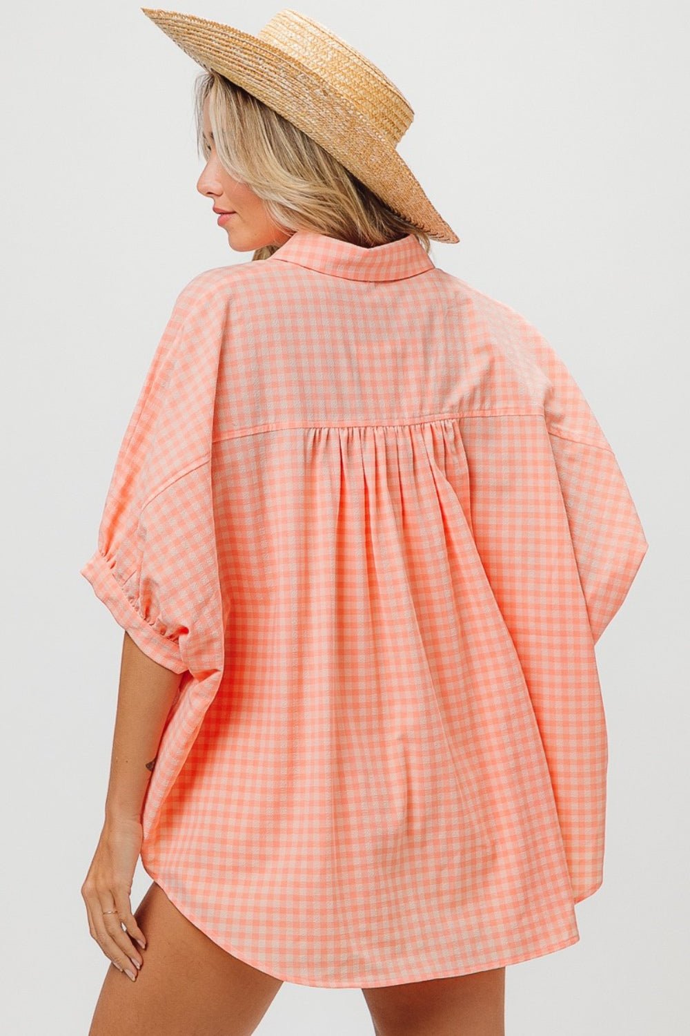 BiBi Plaid Button Up Dolman Sleeve Shirt - Top - Blush/Lt Coral - Bella Bourget