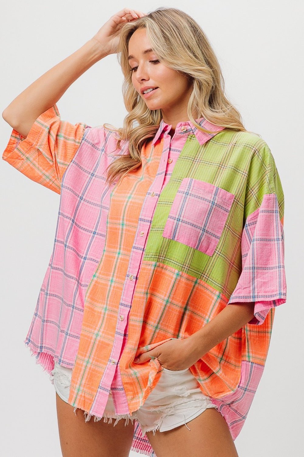 BiBi Plaid Collared Neck Half Sleeve Shirt - Top - Pink/Peach/Lime - Bella Bourget