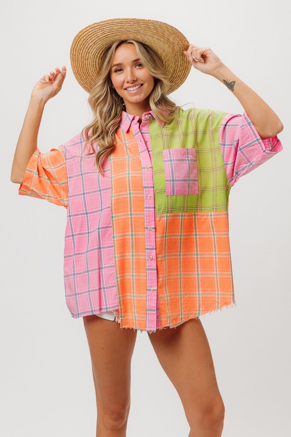 BiBi Plaid Collared Neck Half Sleeve Shirt - Top - Pink/Peach/Lime - Bella Bourget