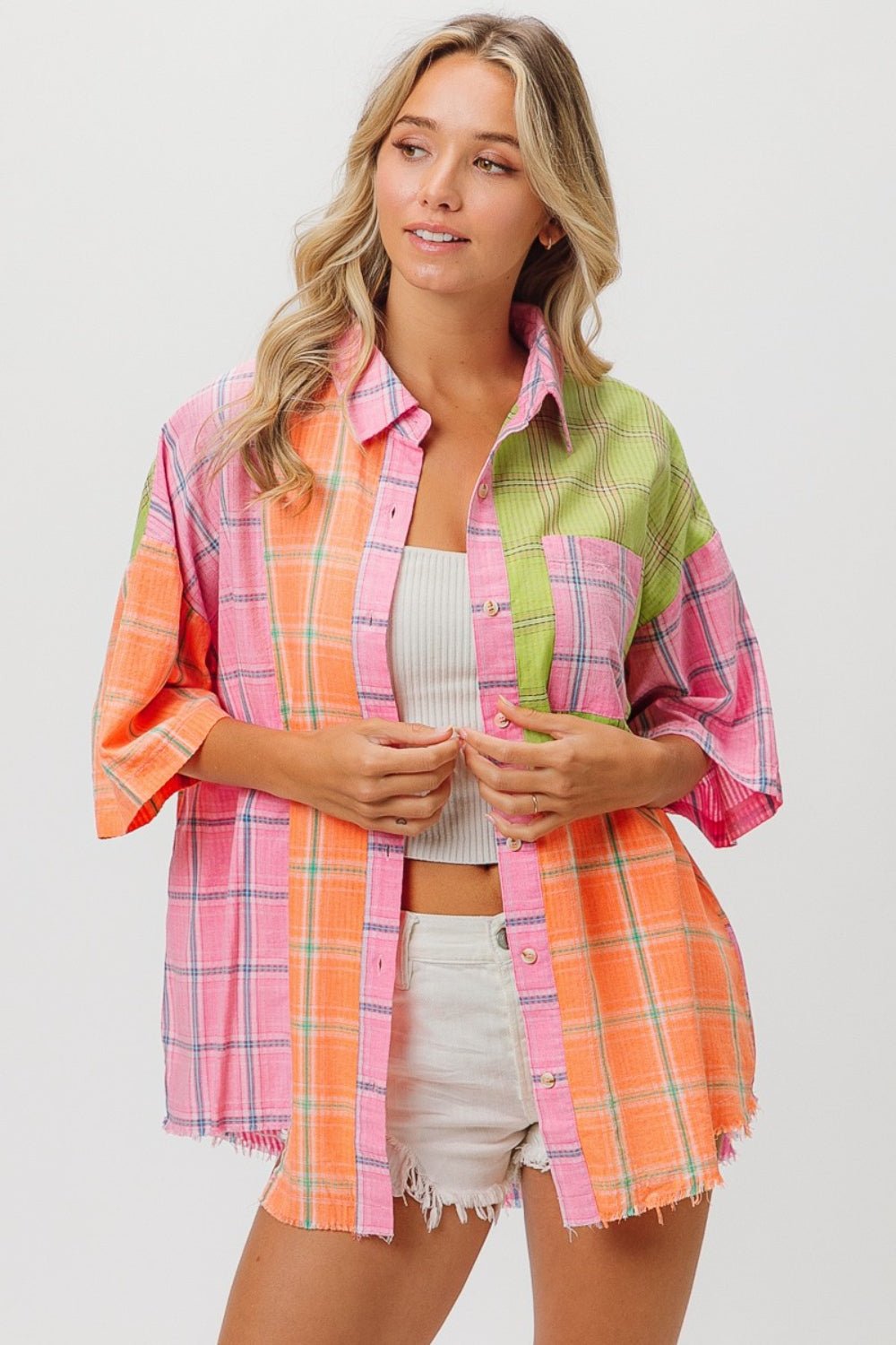 BiBi Plaid Collared Neck Half Sleeve Shirt - Top - Pink/Peach/Lime - Bella Bourget