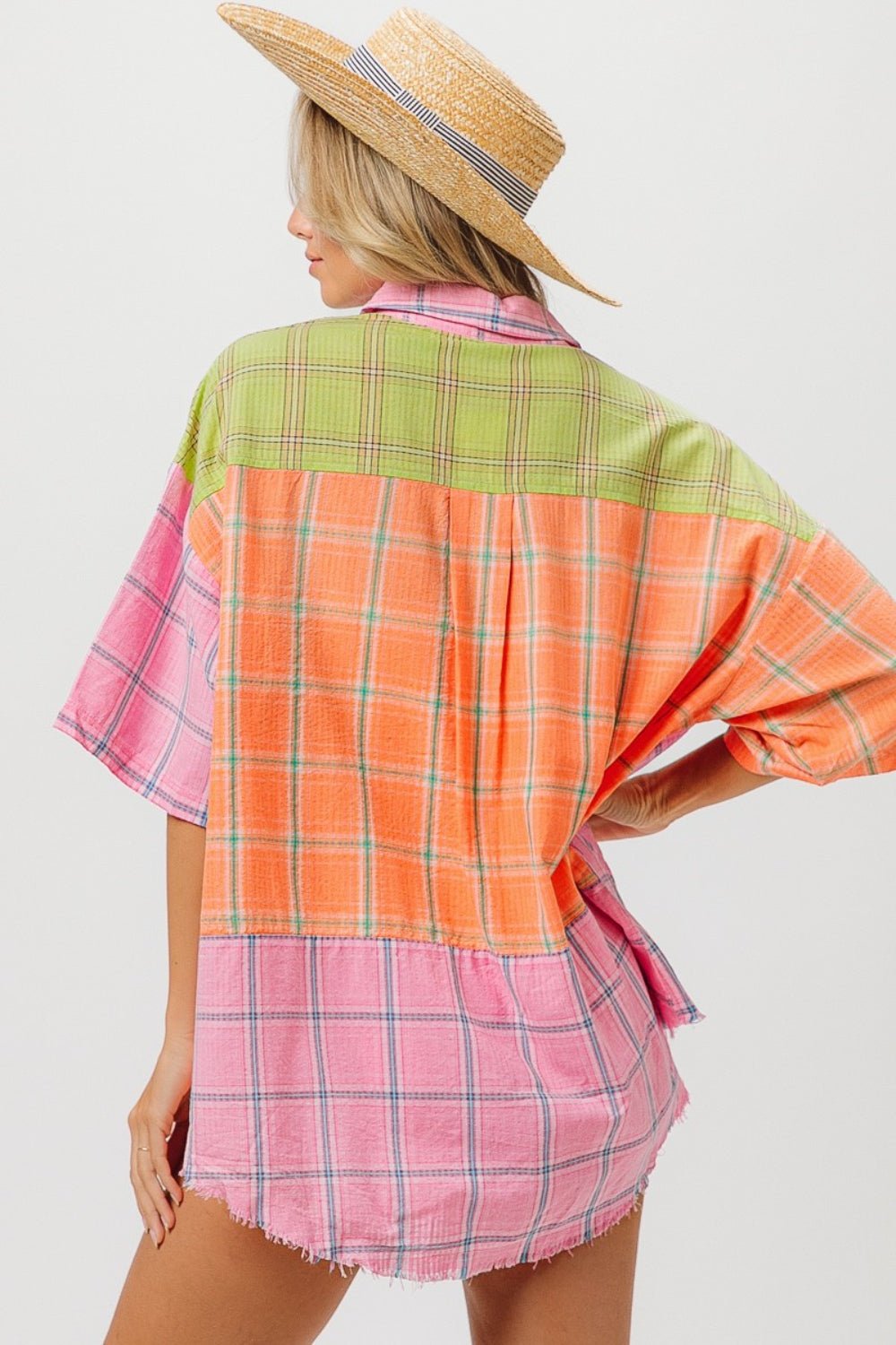 BiBi Plaid Collared Neck Half Sleeve Shirt - Top - Pink/Peach/Lime - Bella Bourget