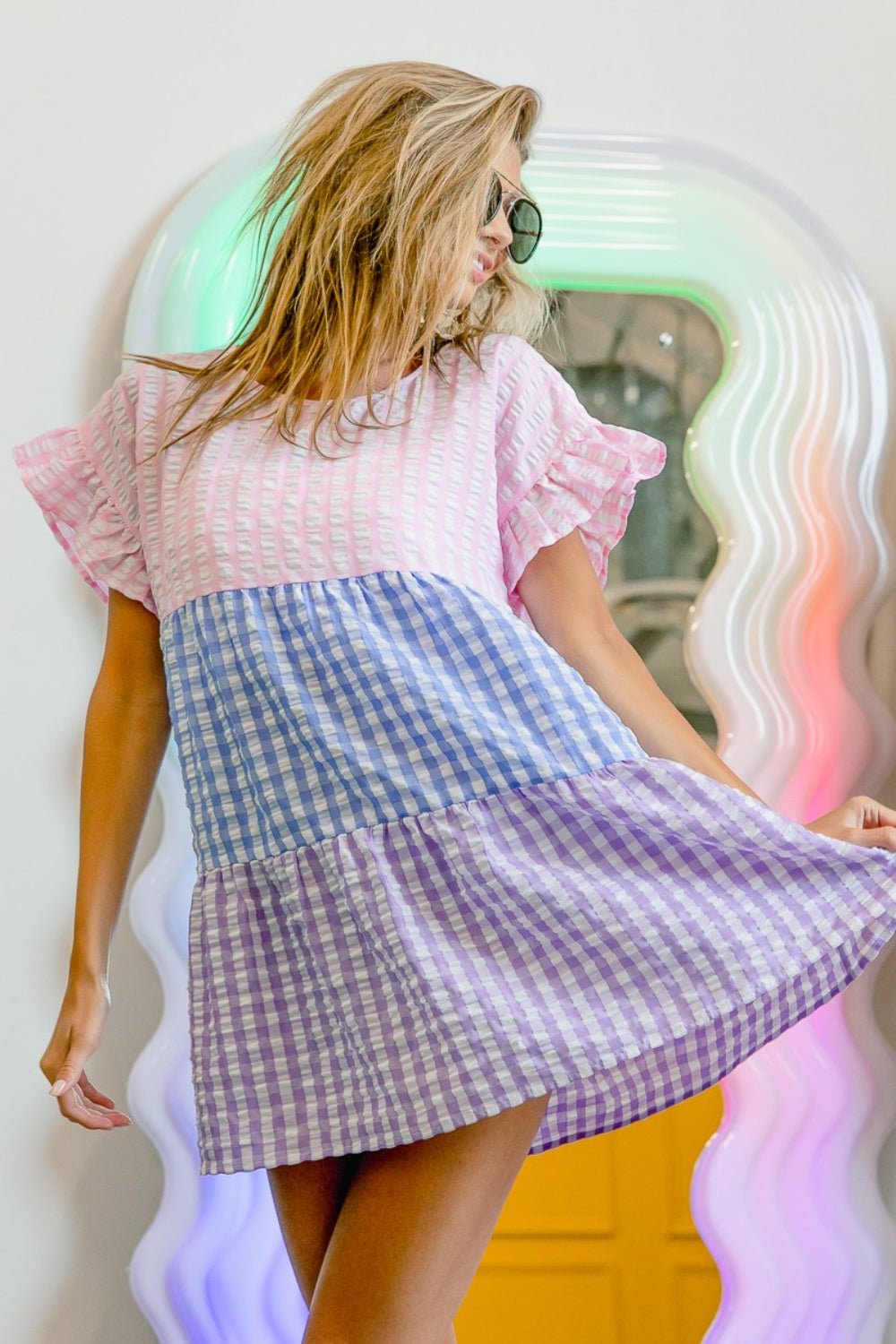 BiBi Plaid Color Block Tiered Top - Day Dress - Blush/Blue/Lavender - Bella Bourget