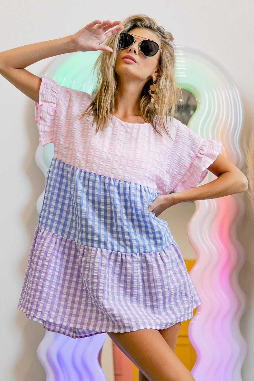 BiBi Plaid Color Block Tiered Top - Day Dress - Blush/Blue/Lavender - Bella Bourget