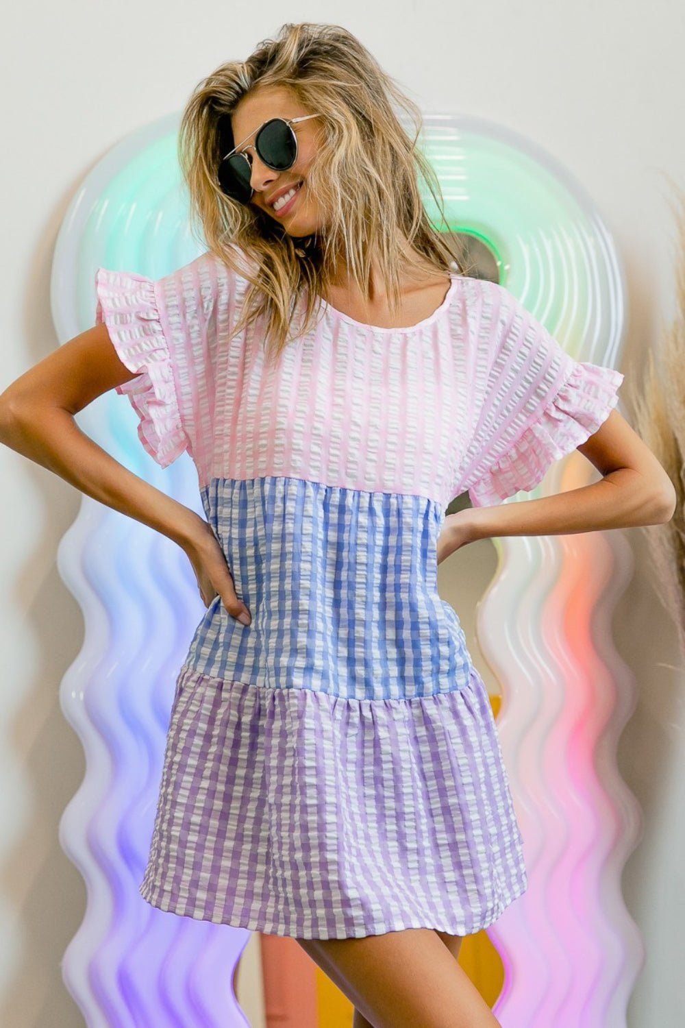 BiBi Plaid Color Block Tiered Top - Day Dress - Blush/Blue/Lavender - Bella Bourget