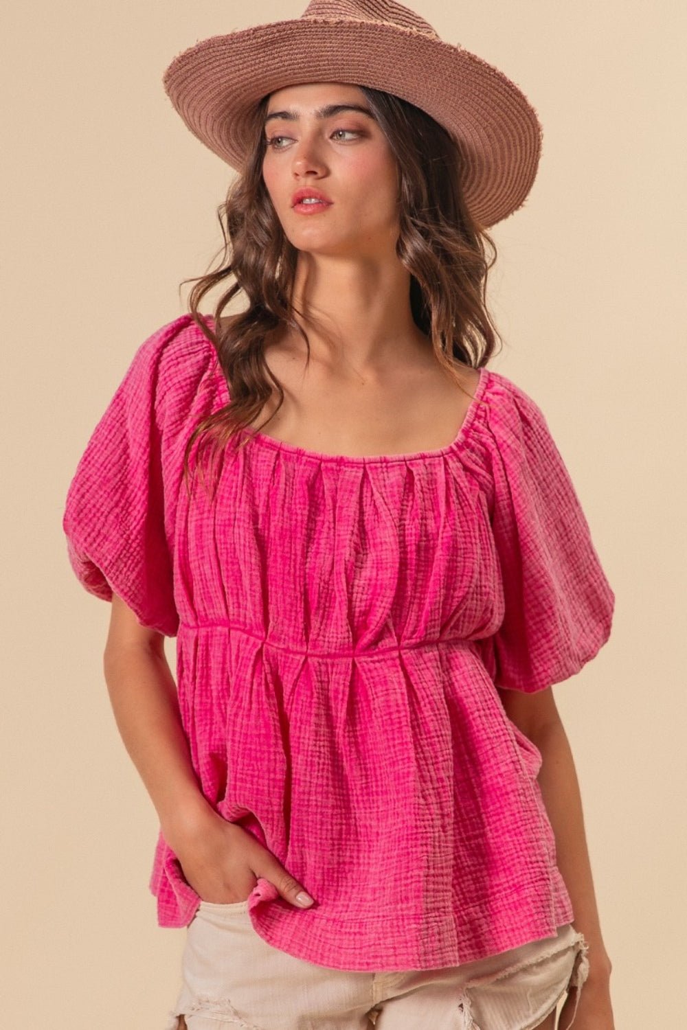 BiBi Pleated Puff Sleeve Washed Blouse - Top - Fuchsia - Bella Bourget