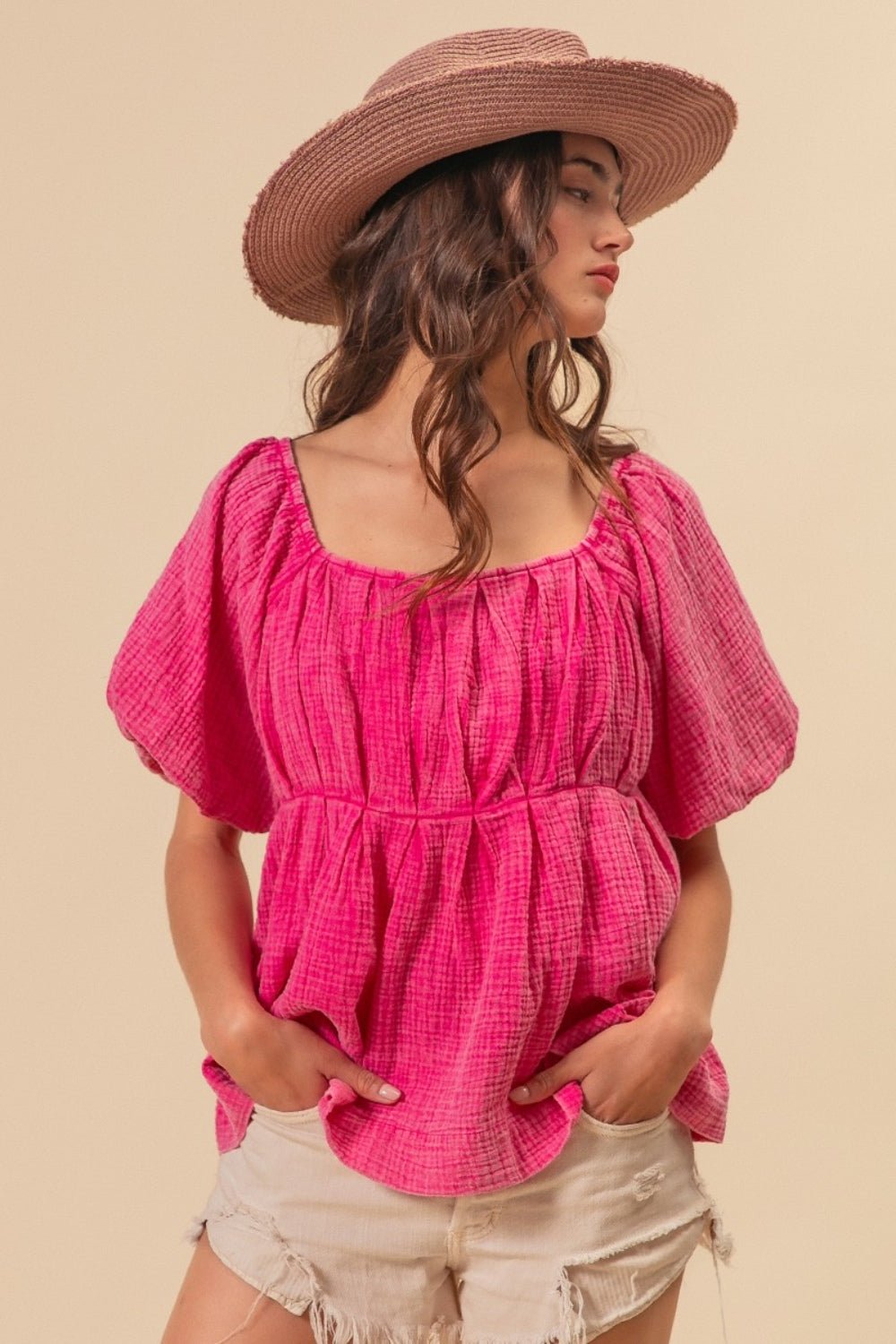 BiBi Pleated Puff Sleeve Washed Blouse - Top - Fuchsia - Bella Bourget