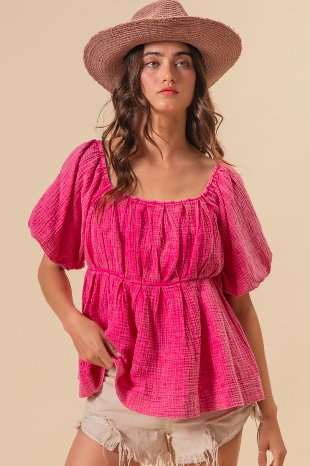 BiBi Pleated Puff Sleeve Washed Blouse - Top - Fuchsia - Bella Bourget