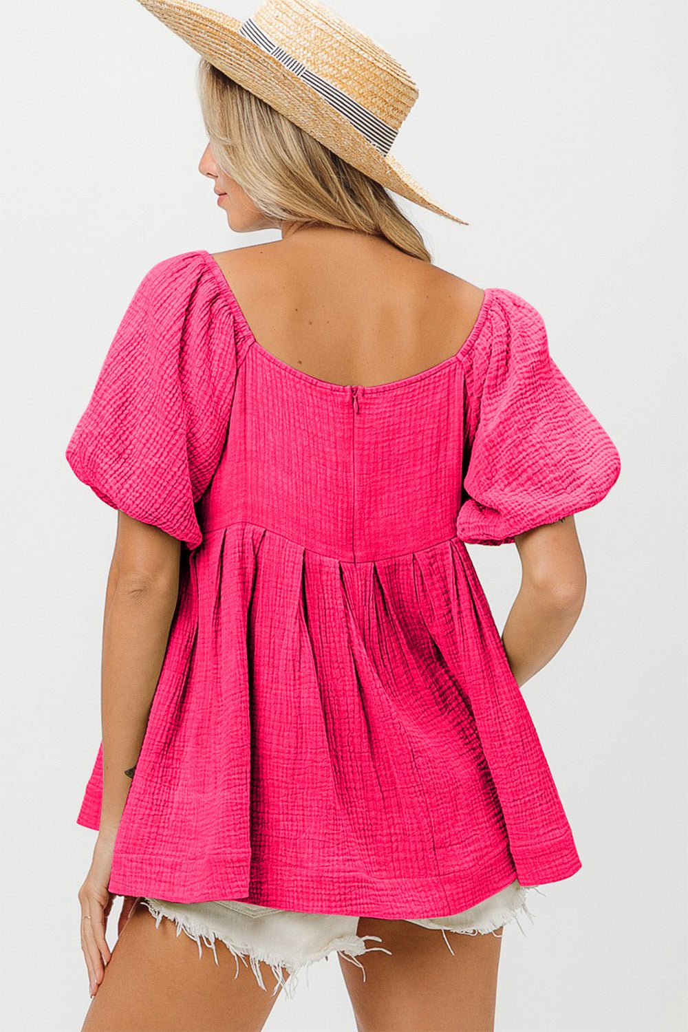 BiBi Pleated Puff Sleeve Washed Blouse - Top - Fuchsia - Bella Bourget