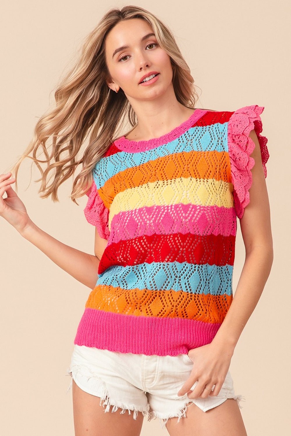 BiBi Pointelle Striped Ruffled Knit Top - Knit Top - Fuchsia Combo - Bella Bourget