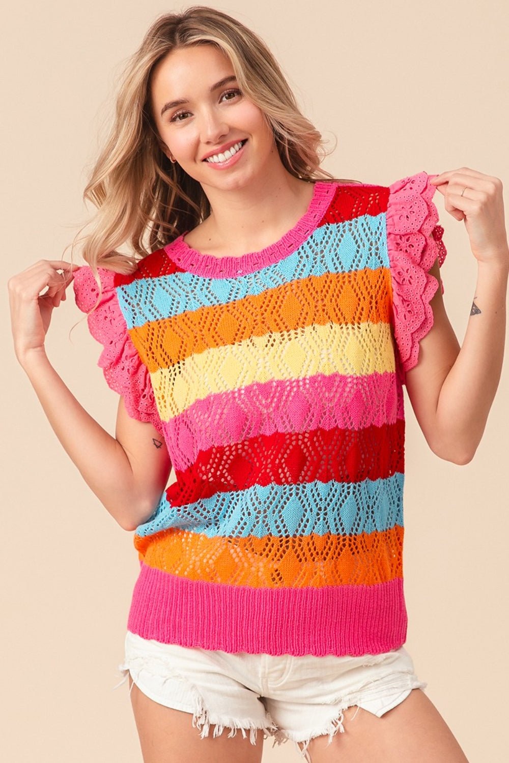 BiBi Pointelle Striped Ruffled Knit Top - Knit Top - Fuchsia Combo - Bella Bourget