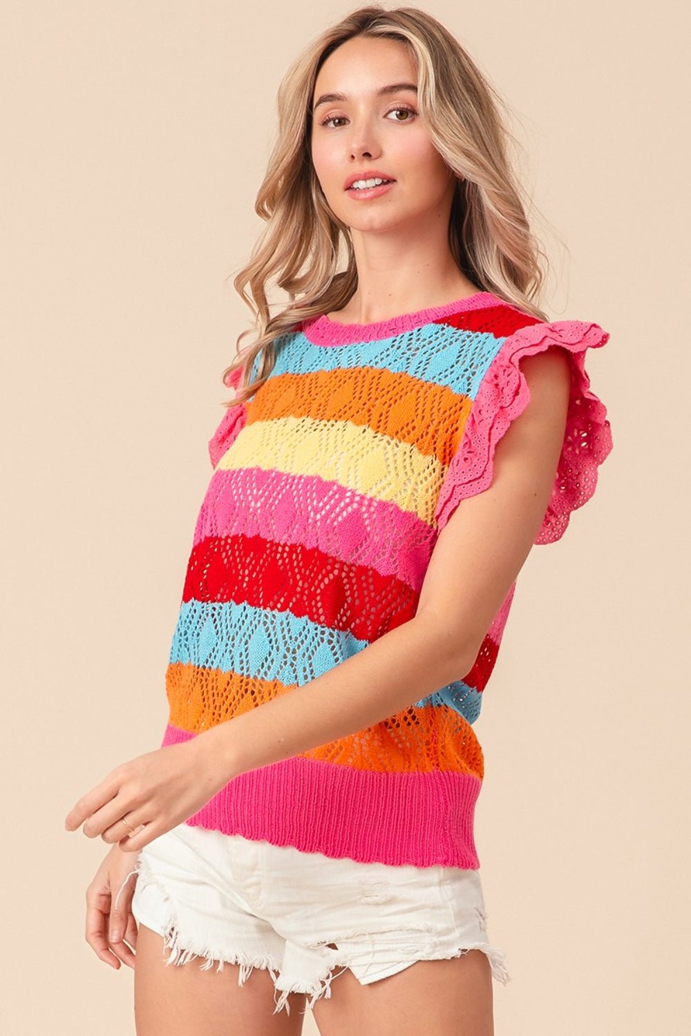 BiBi Pointelle Striped Ruffled Knit Top - Knit Top - Fuchsia Combo - Bella Bourget