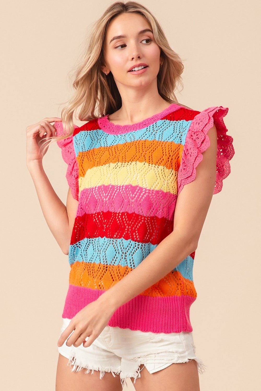 BiBi Pointelle Striped Ruffled Knit Top - Knit Top - Fuchsia Combo - Bella Bourget