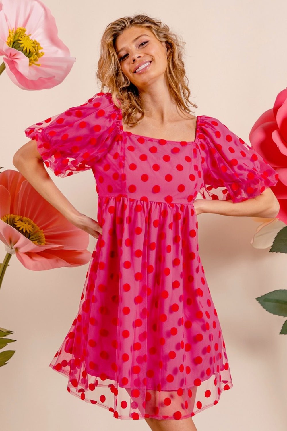 BiBi Polka Dot Mesh Puff Sleeve Dress - Dress - Fuchsia - Bella Bourget