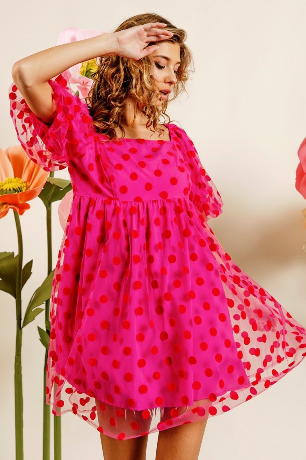 BiBi Polka Dot Mesh Puff Sleeve Dress - Dress - Fuchsia - Bella Bourget