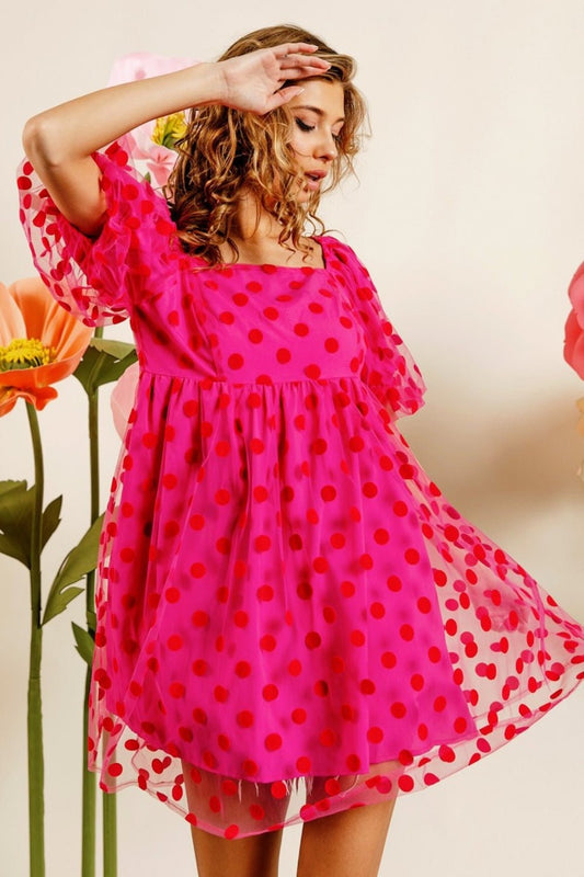 BiBi Polka Dot Mesh Puff Sleeve Dress - Dress - Fuchsia - Bella Bourget