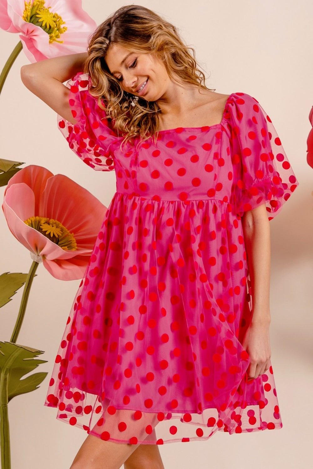 BiBi Polka Dot Mesh Puff Sleeve Dress - Dress - Fuchsia - Bella Bourget