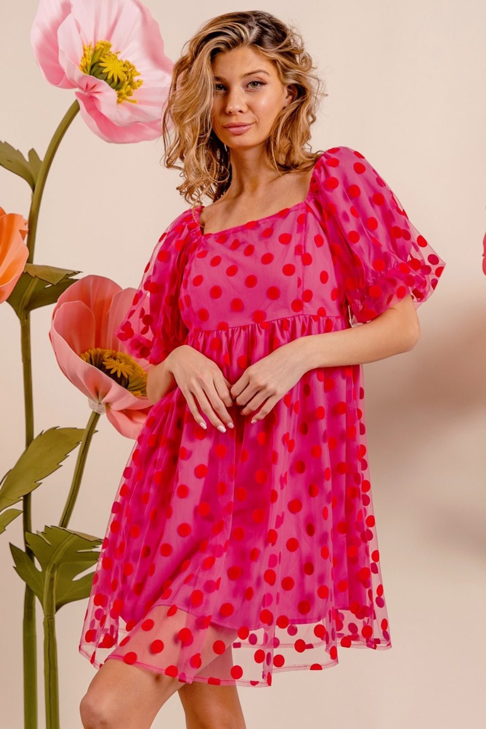 BiBi Polka Dot Mesh Puff Sleeve Dress - Dress - Fuchsia - Bella Bourget