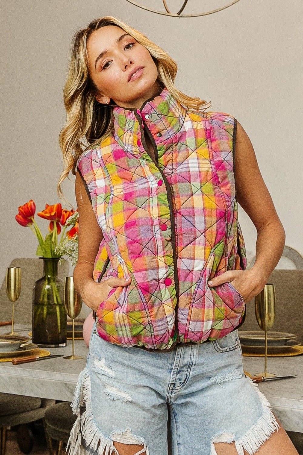 BiBi Quilted Washed Plaid Snap Down Vest - Vest - Stained Glass - Bella Bourget