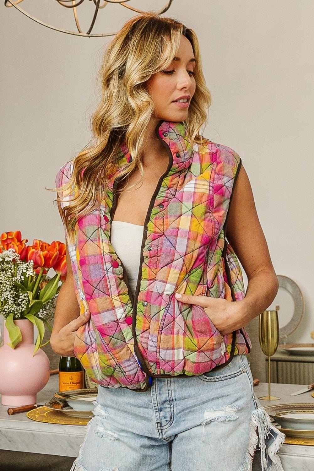 BiBi Quilted Washed Plaid Snap Down Vest - Vest - Stained Glass - Bella Bourget