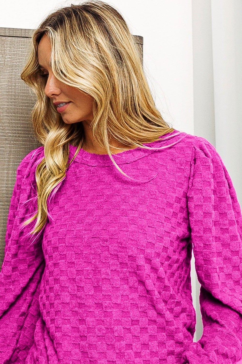 BiBi Round Neck Brushed Checker Top - Top - MAGENTA - Bella Bourget