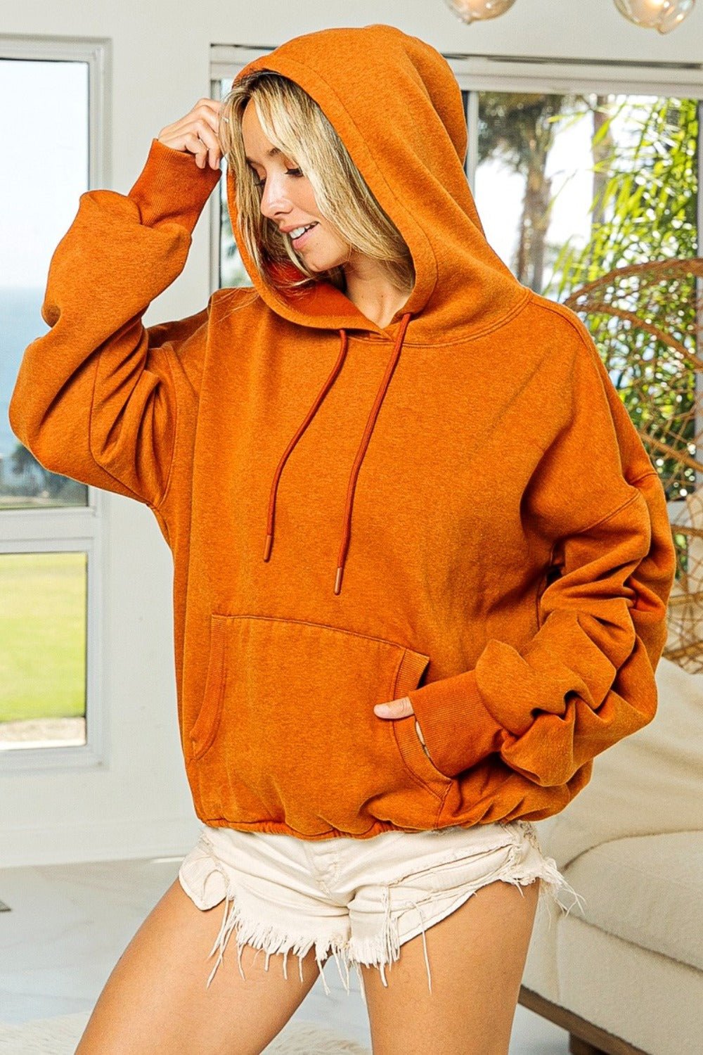 BiBi Ruched Long Sleeve Washed Fleece Hoodie - Hoodie - Vintage Rust - Bella Bourget