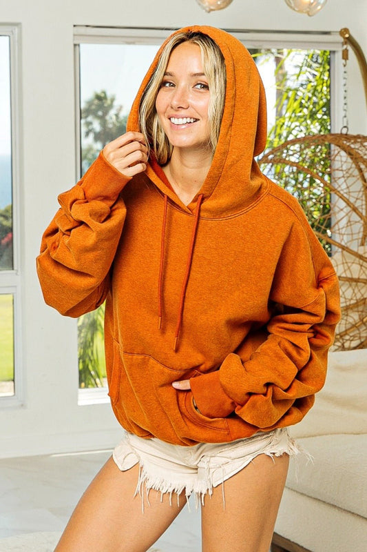 BiBi Ruched Long Sleeve Washed Fleece Hoodie - Hoodie - Vintage Rust - Bella Bourget