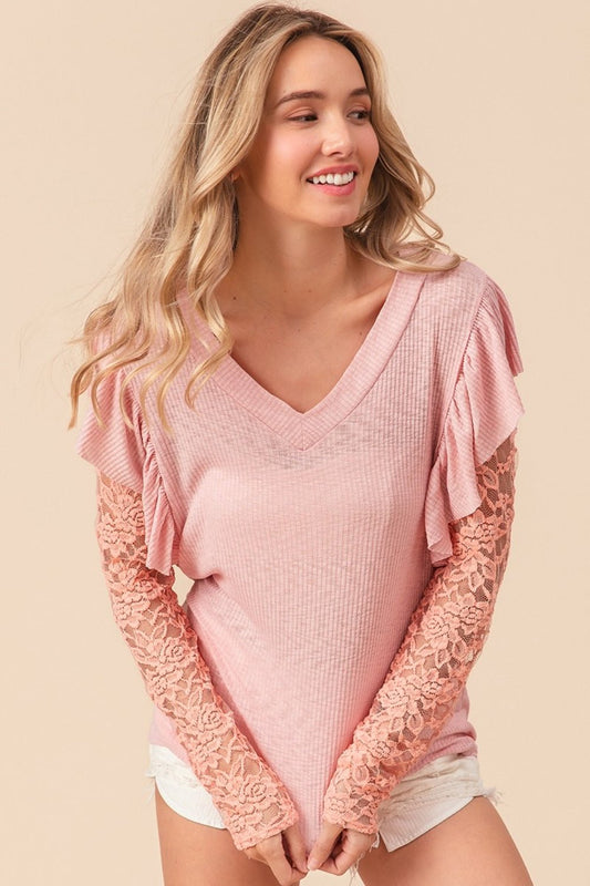 BiBi Ruffled Lace Sleeve Rib Knit Top - Top - Blush Pink - Bella Bourget