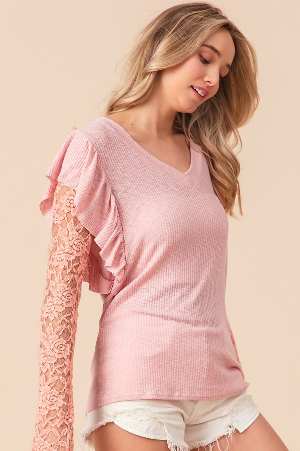 BiBi Ruffled Lace Sleeve Rib Knit Top - Top - Blush Pink - Bella Bourget