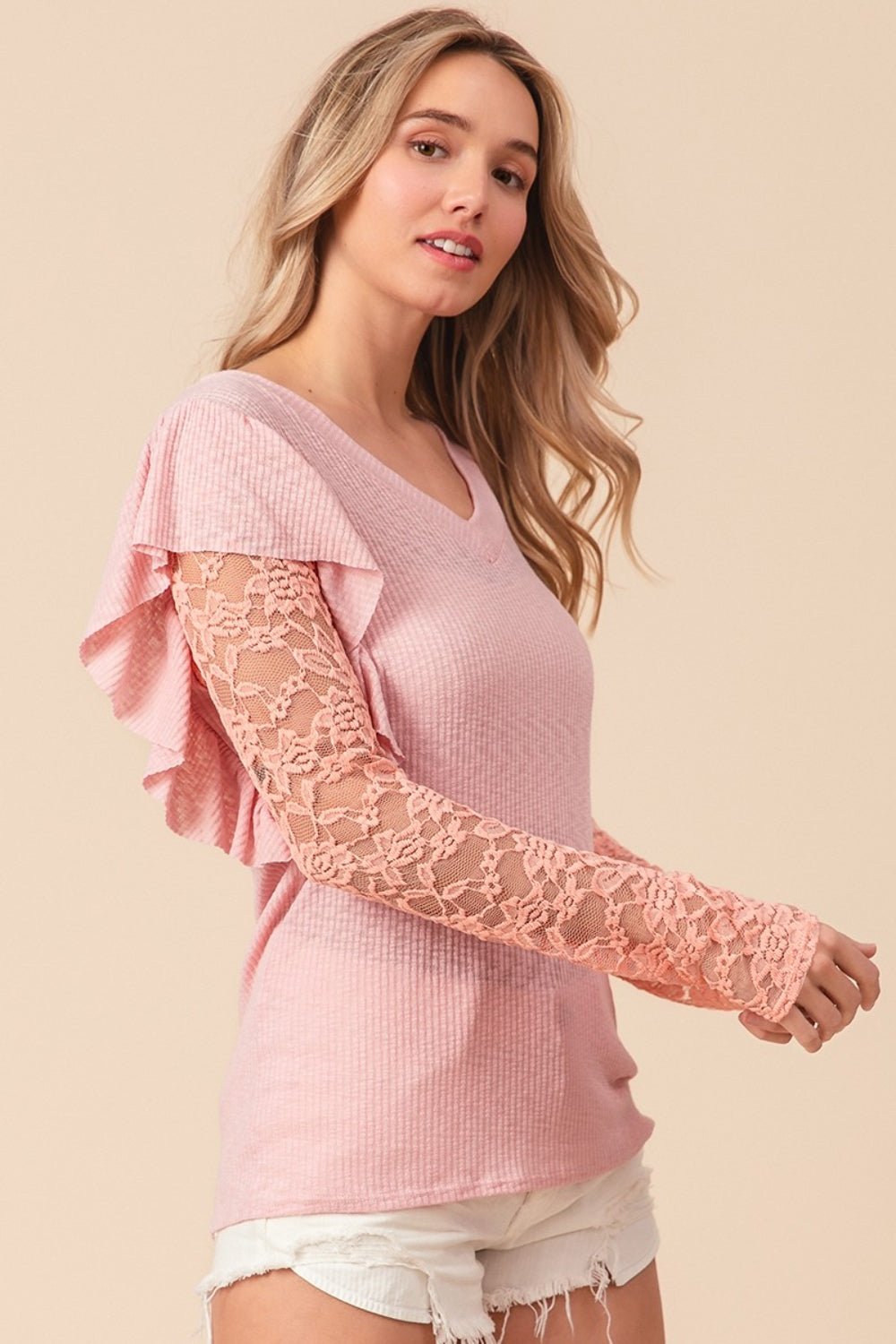 BiBi Ruffled Lace Sleeve Rib Knit Top - Top - Blush Pink - Bella Bourget