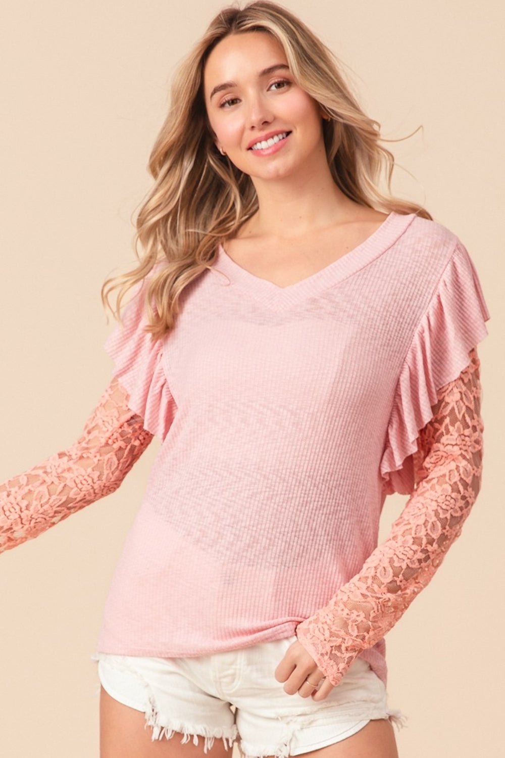 BiBi Ruffled Lace Sleeve Rib Knit Top - Top - Blush Pink - Bella Bourget