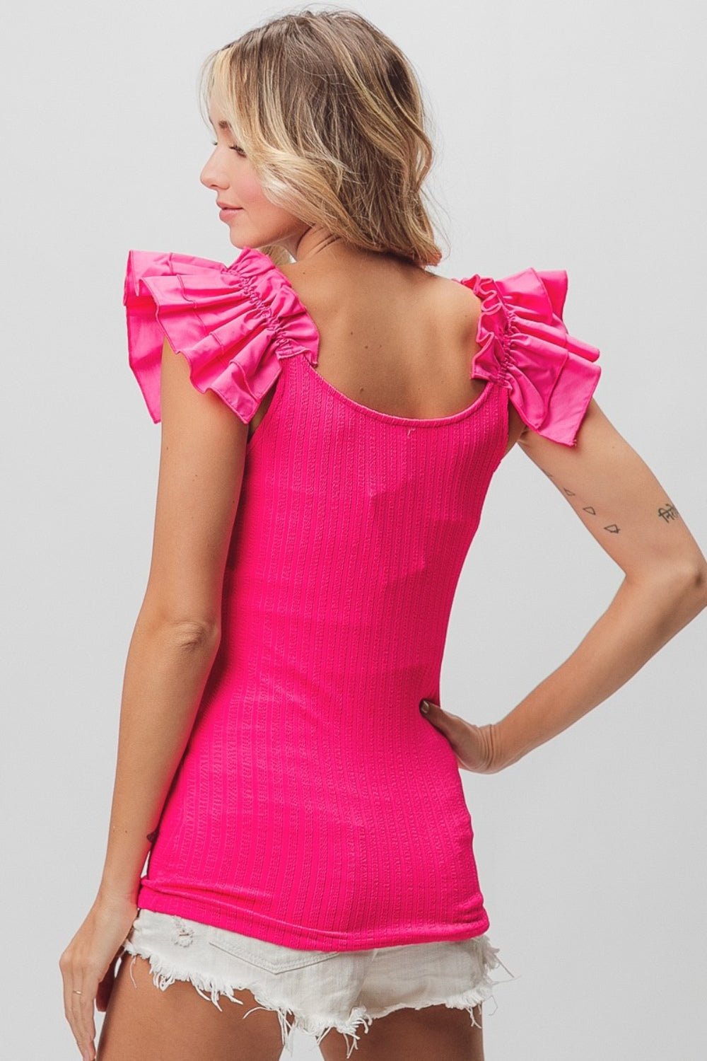 BiBi Ruffled Shoulder Strap Rib Texture Top - Top - Fuchsia - Bella Bourget