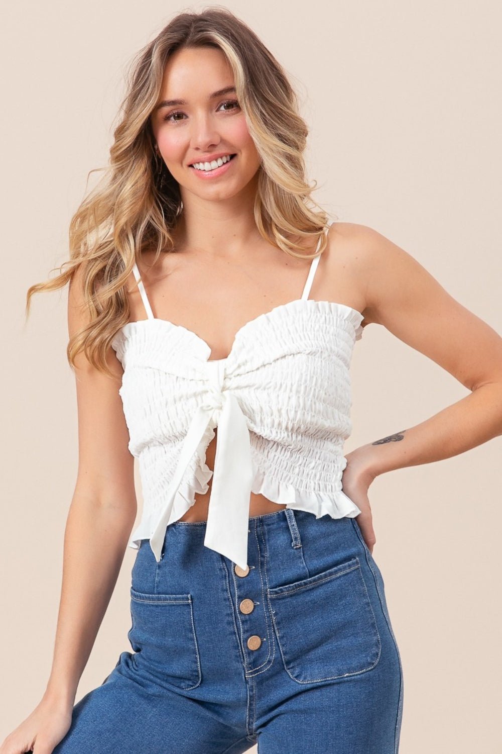 BiBi Ruffled Smocked Ribbon Detail Cami - Top - Off White - Bella Bourget