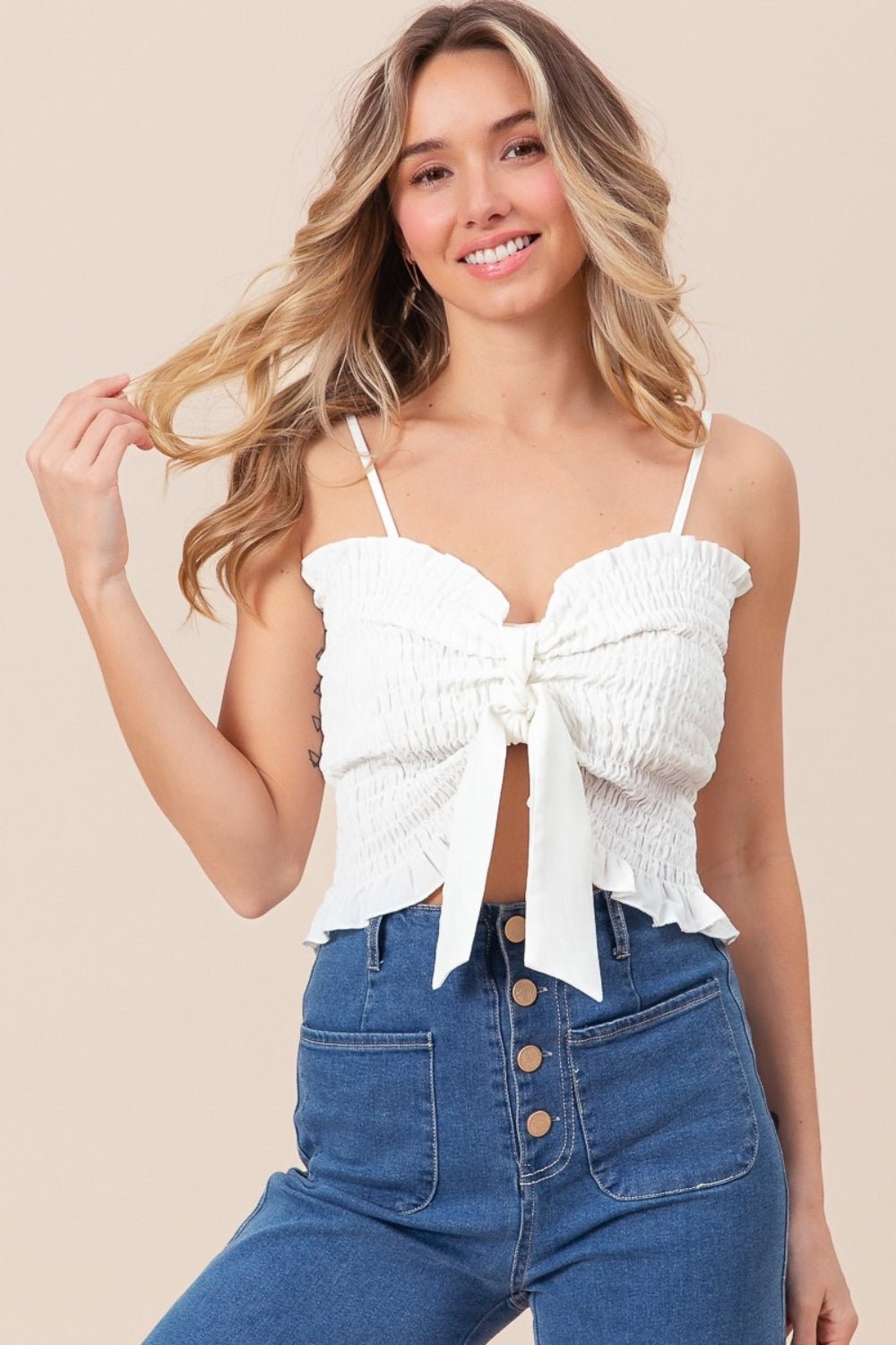 BiBi Ruffled Smocked Ribbon Detail Cami - Top - Off White - Bella Bourget