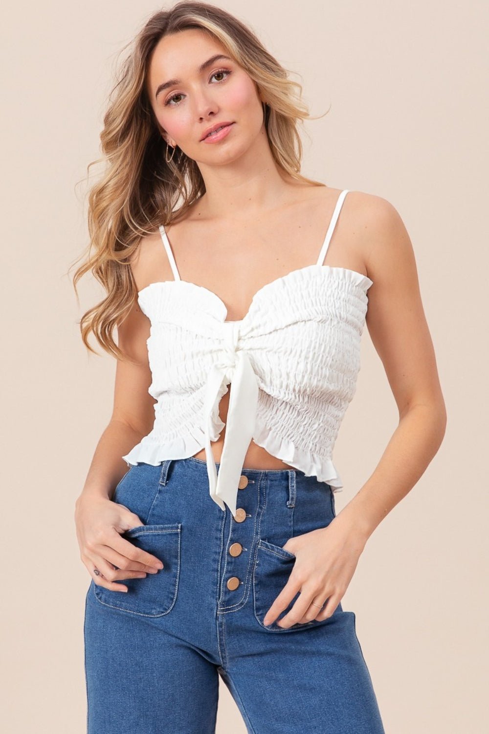 BiBi Ruffled Smocked Ribbon Detail Cami - Top - Off White - Bella Bourget