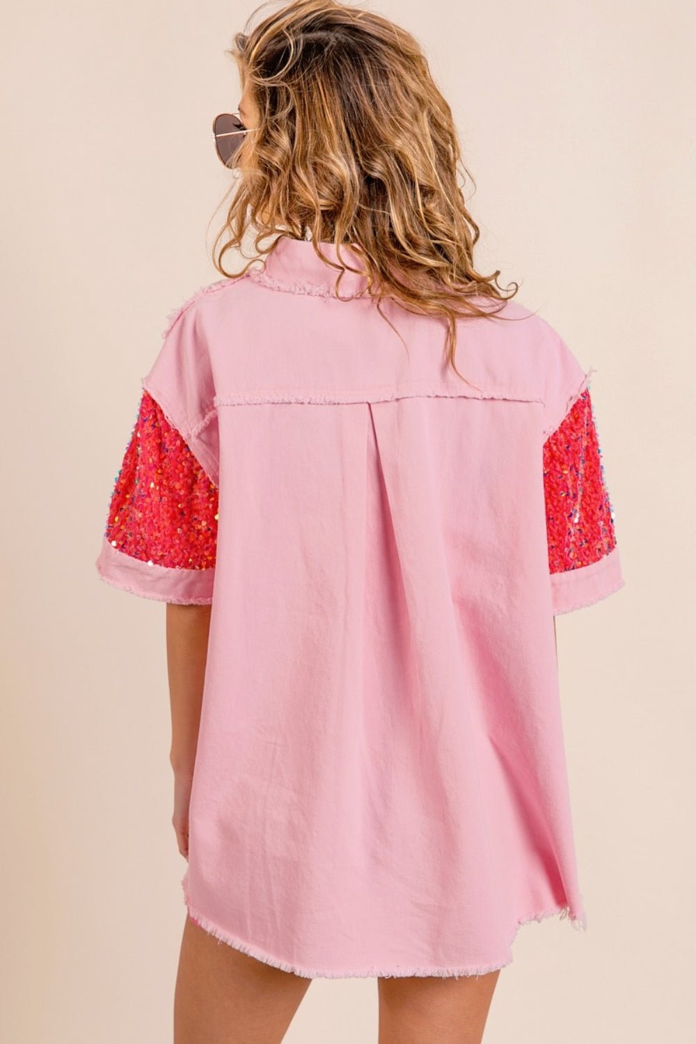 BiBi Sequin Detail Raw Hem Short Sleeve Shirt - Top - Pink/Fuchsia - Bella Bourget