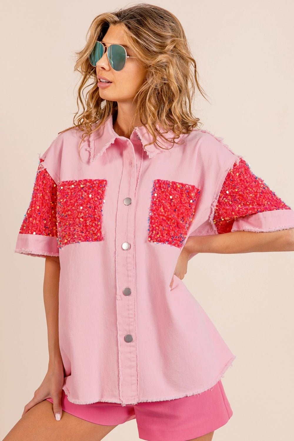 BiBi Sequin Detail Raw Hem Short Sleeve Shirt - Top - Pink/Fuchsia - Bella Bourget