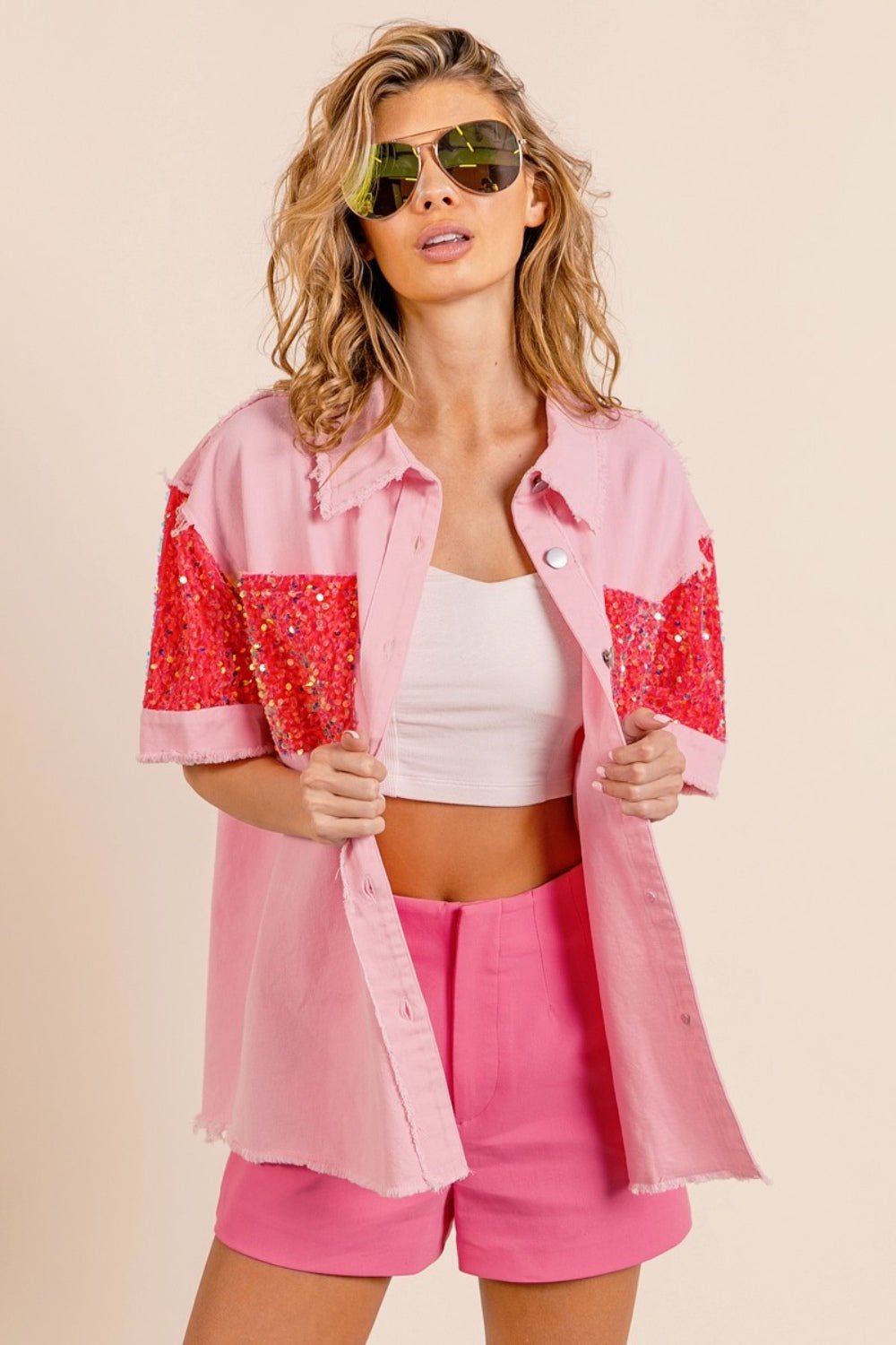 BiBi Sequin Detail Raw Hem Short Sleeve Shirt - Top - Pink/Fuchsia - Bella Bourget