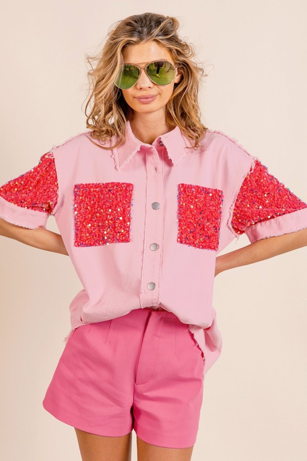 BiBi Sequin Detail Raw Hem Short Sleeve Shirt - Top - Pink/Fuchsia - Bella Bourget